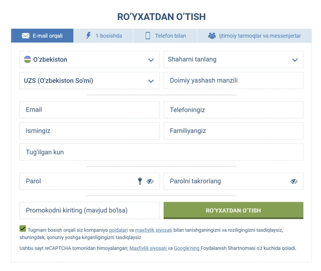 Ro'yxatdan o'tish formasi elektron pochta orqali.