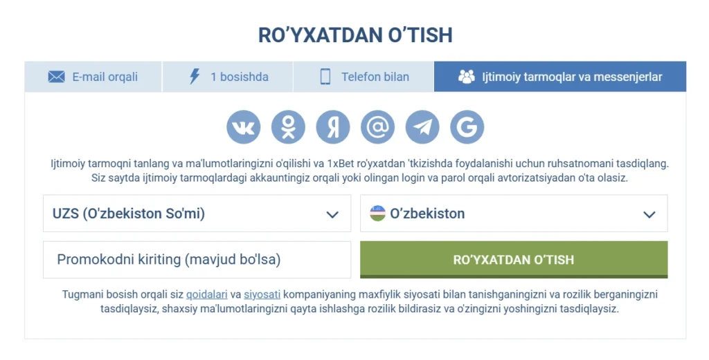 Ijtimoiy tarmoqlar orqali ro'yxatdan o'tish formasi.